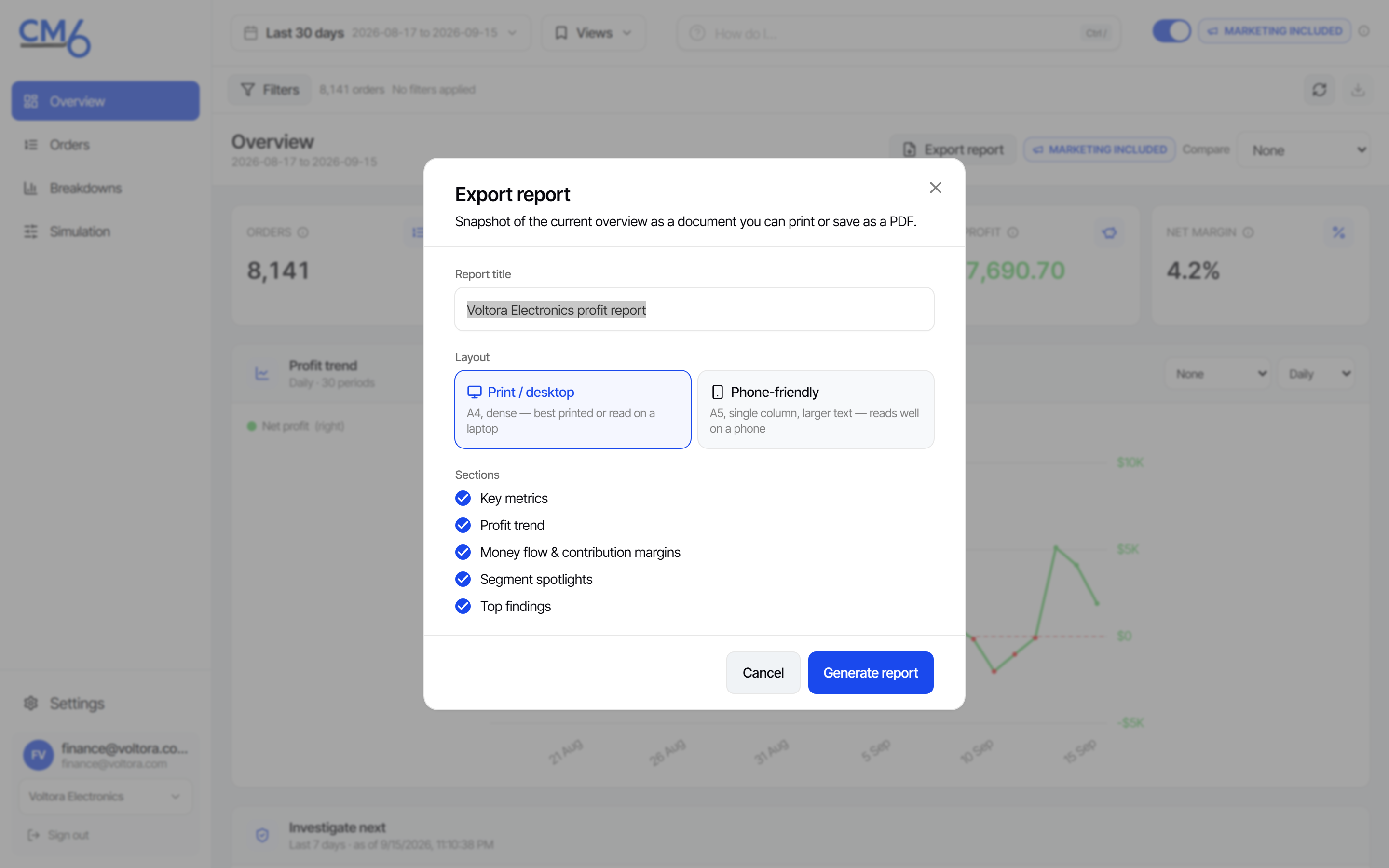 CM6 export report dialog over the Overview